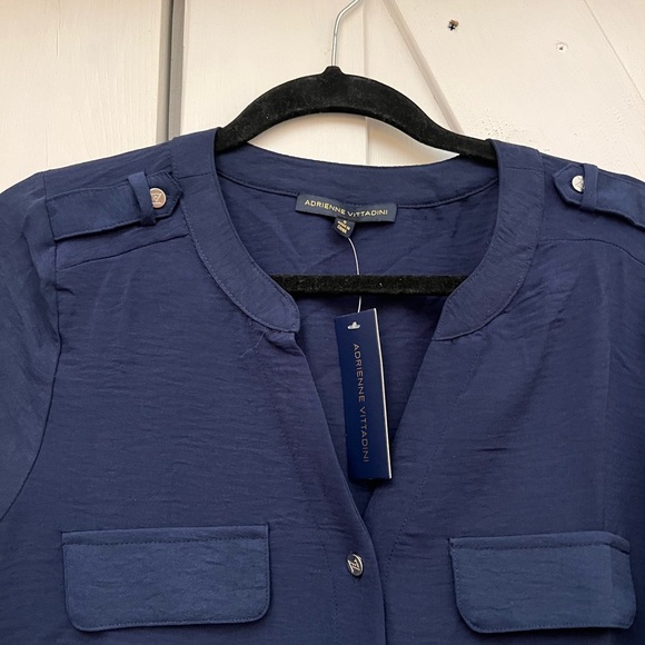 Adrienne Vittadini Navy Blue Blouse with gold buttons. Size Small - Picture 5 of 5